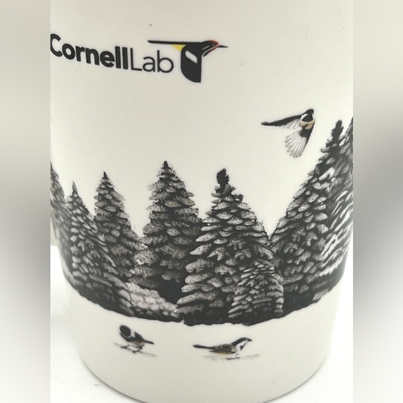 The Cornell Lab Black Chickadee Bird Pine Tree White Yellow Coffee Tea Mug 16 oz - Picture 6 of 11